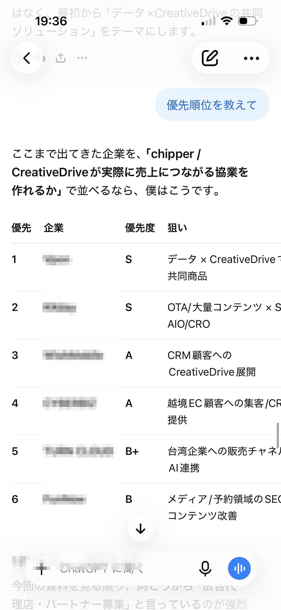 「優先順位を教えて」と質問し、企業ごとの優先度を一覧で出させた画面